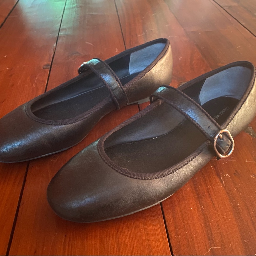 Stuart Weitzman Alice Black Leather Mary Jane Ballet Flats